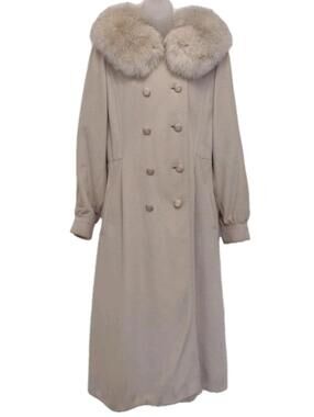 VTG 50s Youthcraft Beige Cashmere Blend Coat Fox Fur Collar Double Breasted Sz S